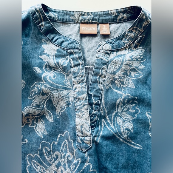 Chico's Women's flora Chambray Roll-tab 3/4 Sleeve Pullover Top Sz 3(XL/16) Blue - Picture 5 of 13